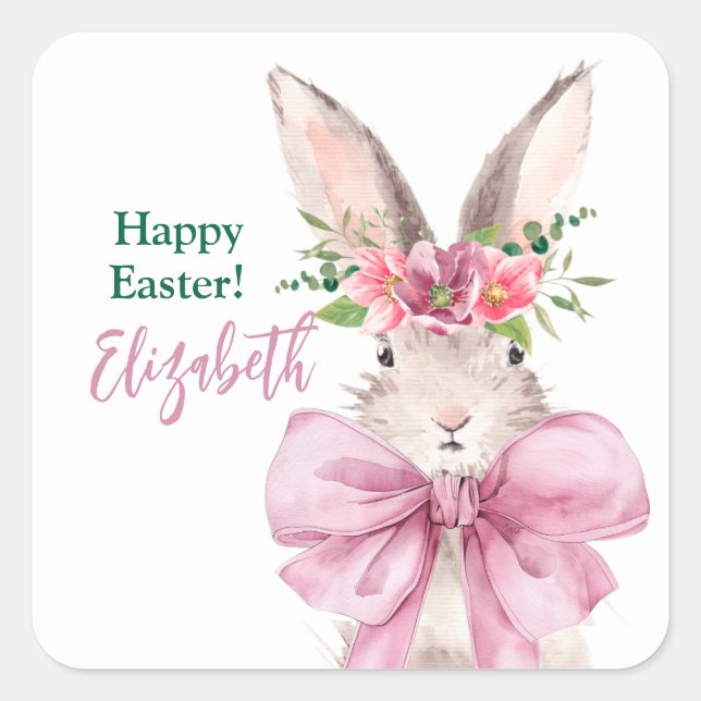 Sticker Carré Élégant lapin arc rose Joyeux lapin pâque (Devant)