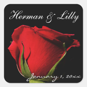 Sticker Carré Élégant long Stemmed Red Rose Personnalisé Mariage