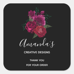 Sticker Carré Elégant Magenta Rose Floral Bouquet Business