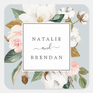 Sticker Carré Elégant Magnolia Blue Grey Mariage Enveloppe Seals