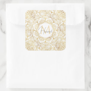 Sticker Carré Élégant Mandala Floral Or Blanc