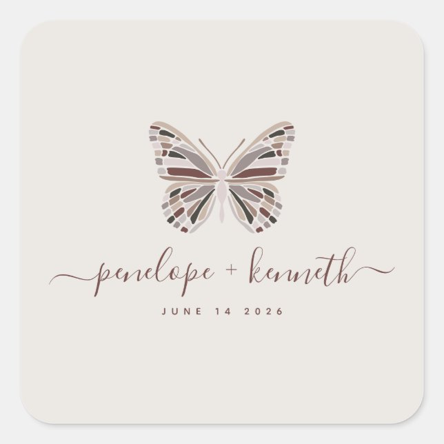 Sticker Carré Élégant Mariage Boho Butterfly Bourgogne Taupe (Devant)