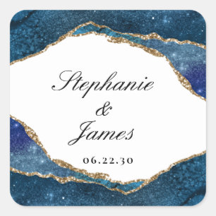 Sticker Carré Élégant Mariage d'agate d'or bleu