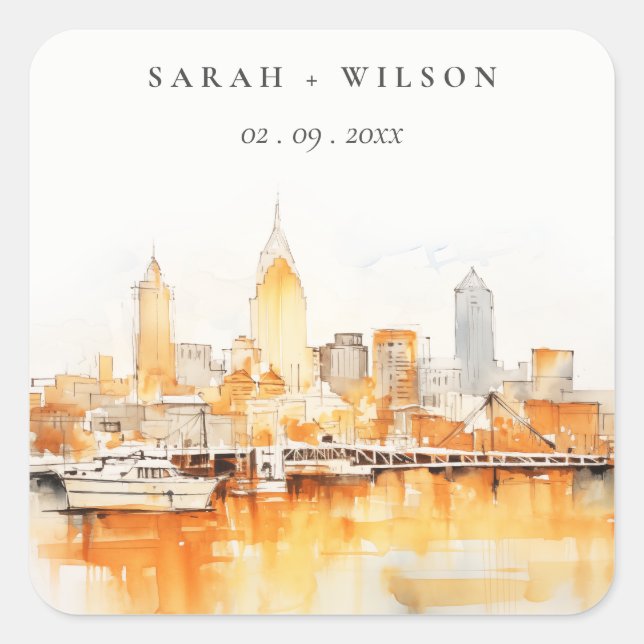 Sticker Carré Élégant Mariage d'aquarelle Skyline de Nashville C (Devant)