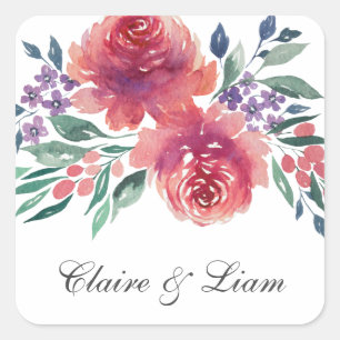Sticker Carré Élégant Mariage de fleurs d'aquarelle