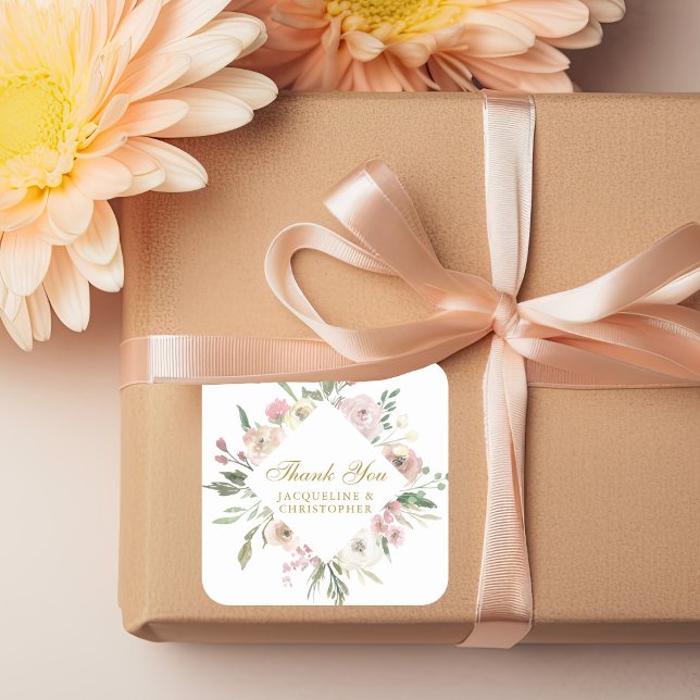 Sticker Carré Élégant Mariage de Merci Floral Gold Script (Créateur téléchargé)