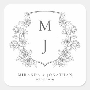 Sticker Carré Élégant Mariage de monogramme de crête botanique
