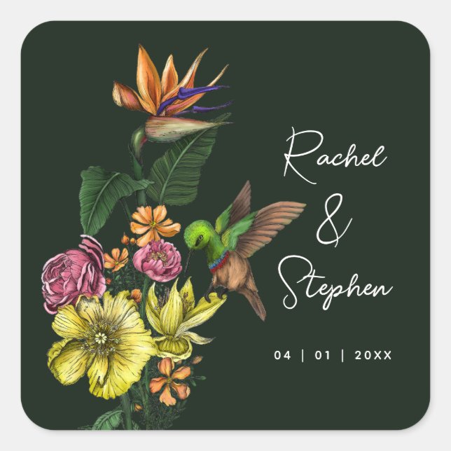 Sticker Carré Élégant Mariage d'été tropical de colibri (Devant)