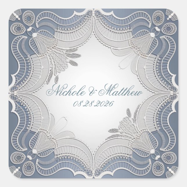 Sticker Carré Élégant Mariage En Dentelle Sur Bleu Gradient (Devant)