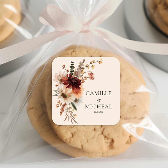 Sticker Carré Élégant Mariage floral automne (Boho Floral Wedding Favor Sticker)