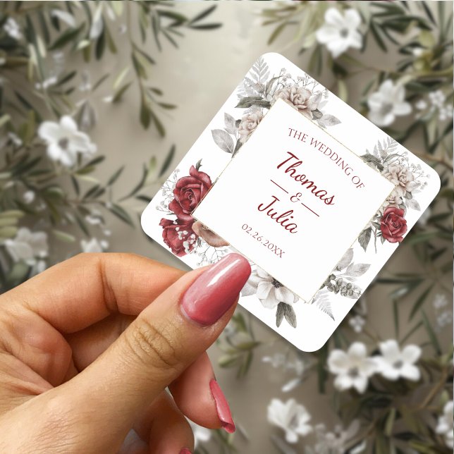 Sticker Carré Elégant Mariage Floral Bourgogne & Argent (Elegant Floral Wedding Burgundy & Silver Square Sticker)