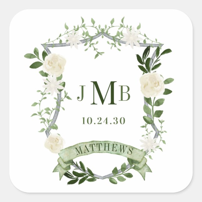 Sticker Carré Élégant Mariage Floral Crest (Devant)