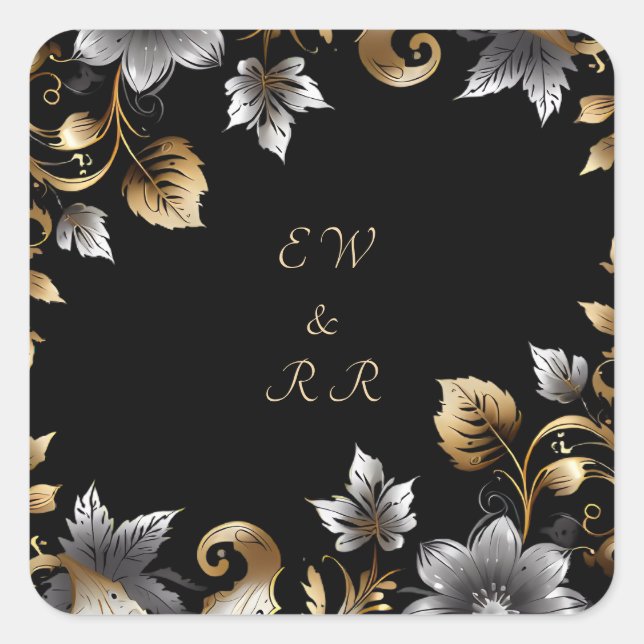 Sticker Carré Élégant Mariage floral noir et or (Devant)