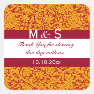 Sticker Carré Élégant Mariage Floral Rouge or Merci