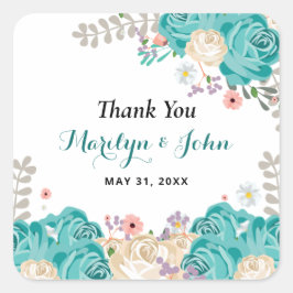 Sticker Carré Elégant Mariage Merci Aquarelle Fleurs Bleues