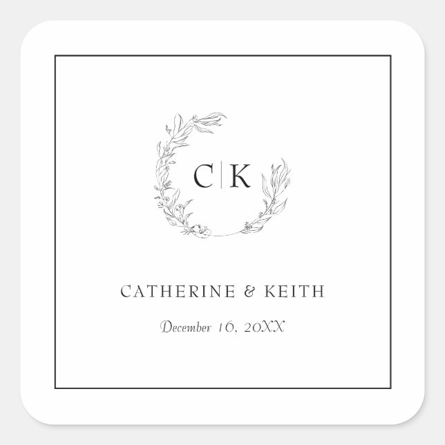 Sticker Carré Élégant Mariage Monogramme (Devant)