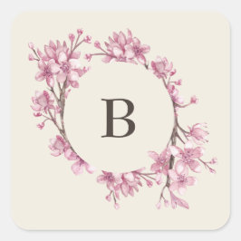 Sticker Carré Élégant Mariage Monogramme Fleur de Cerise Rose