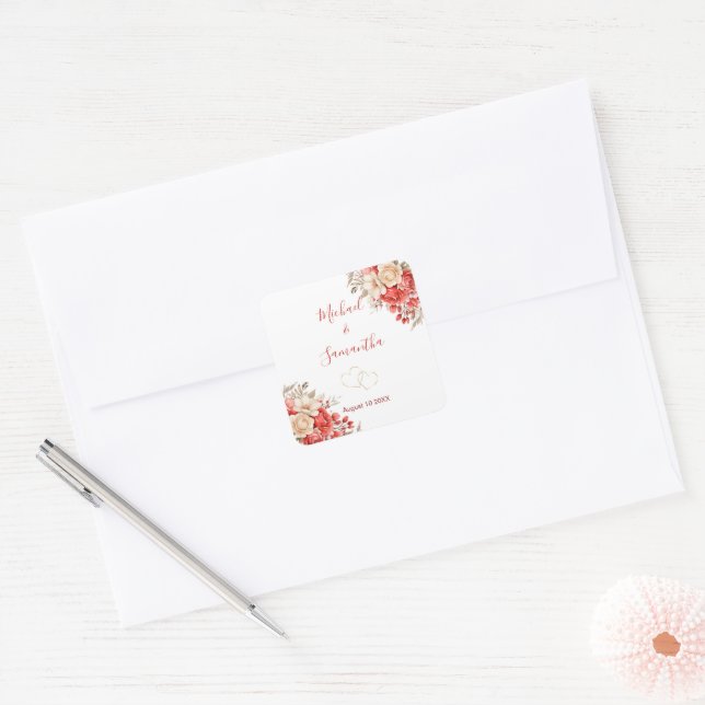 Sticker Carré Élégant Mariage Rose rouge et ivoire (Enveloppe)