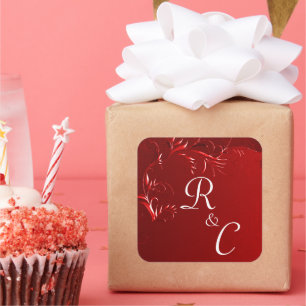 Sticker Carré Élégant Mariage rouge Monogrammé