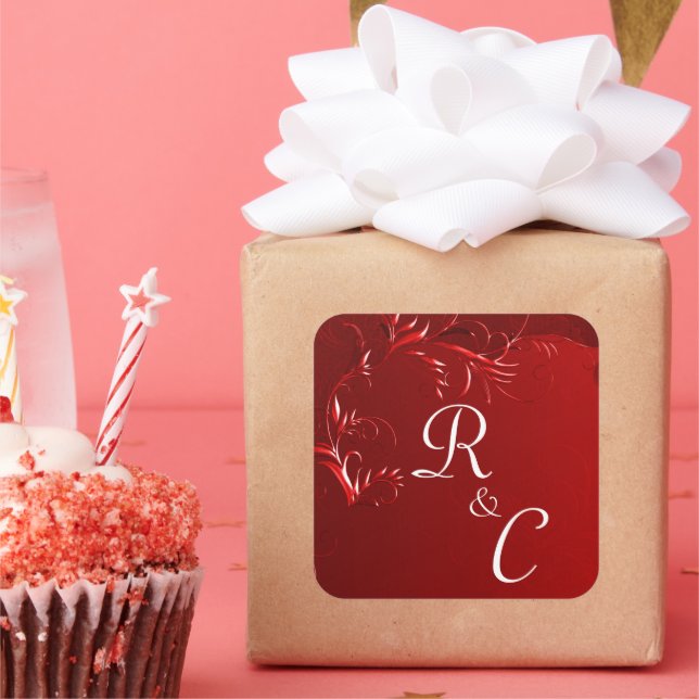 Sticker Carré Élégant Mariage rouge Monogrammé (Fête)