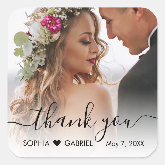 Sticker Carré Élégant Mariage Script photo Coeur Merci (Devant)