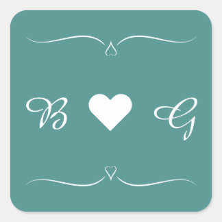 Sticker Carré Élégant Mariage Turquoise Coeur Monogramme Lettre