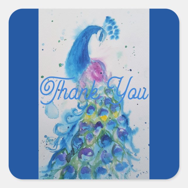 Sticker Carré Elégant Merci d'aquarelle bleu Peacock (Devant)