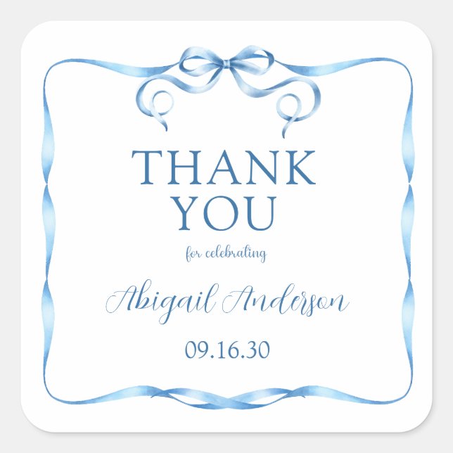 Sticker Carré Élégant Merci de Baby shower de  Bleu (Devant)