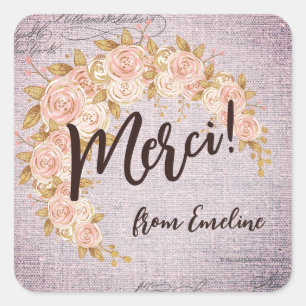 Sticker Carré Élégant Merci de Merci Floral Français