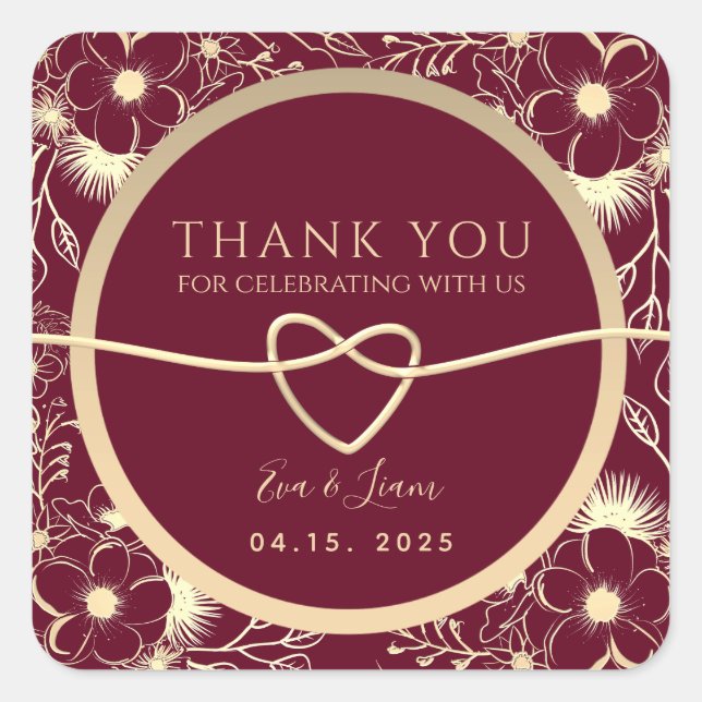 Sticker Carré Elégant Merci Mariage Floral Favoriser (Devant)