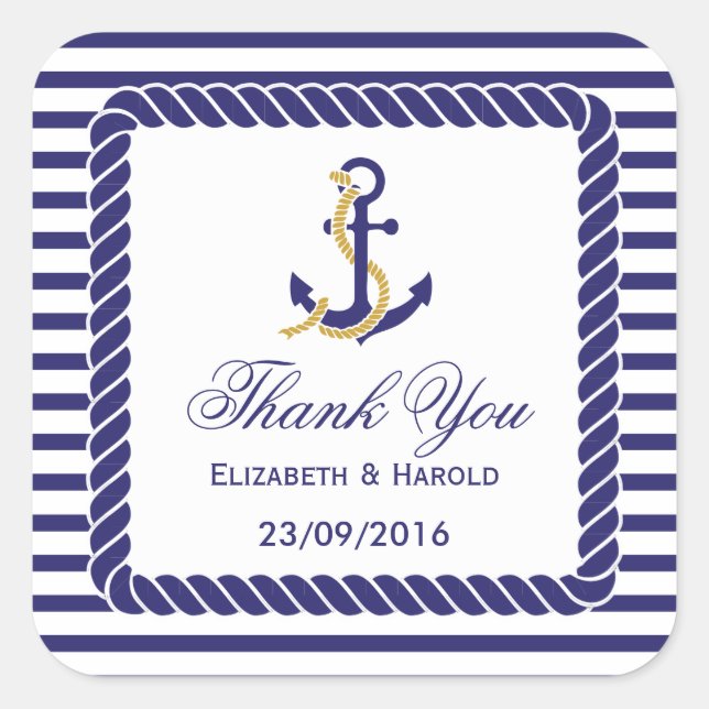 Sticker Carré Élégant Merci Mariage nautique (Devant)