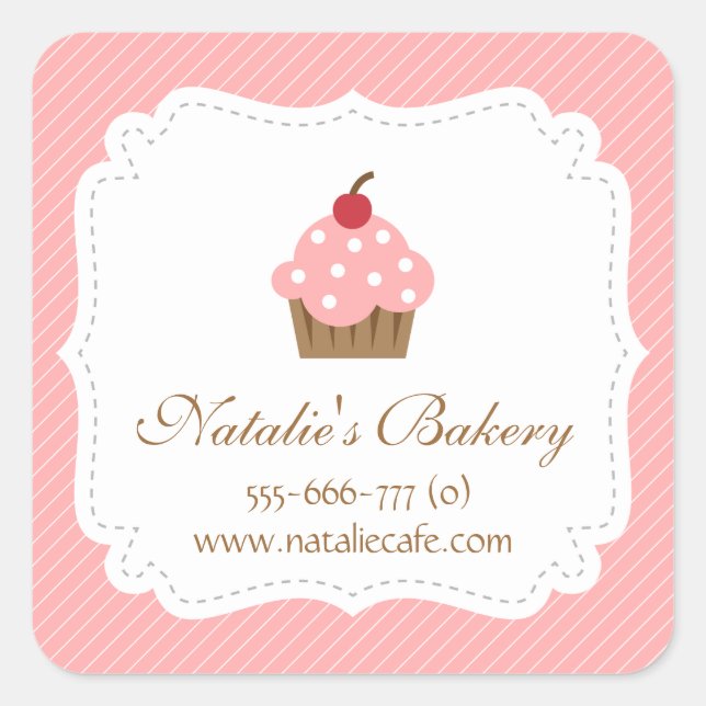 Sticker Carré Élégant, Moderne, Cupcake Rose, Boulangerie (Devant)