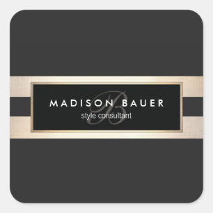 Sticker Carré Élégant Monogram Gold et Black Striped