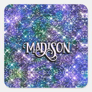 Sticker Carré Élégant monogramme bleu vert faux Parties scintill