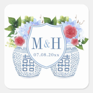 Sticker Carré Élégant Monogramme Mariage rouge blanc