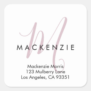 Sticker Carré Élégant Monogramme Moderne Blanc Rose Pâle Écritur