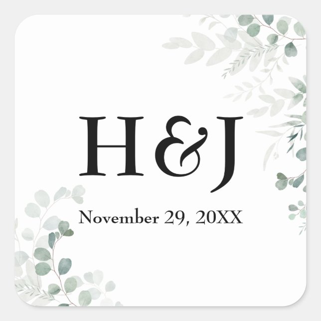 Sticker Carré Élégant Monogrammes de verdure et date (Devant)