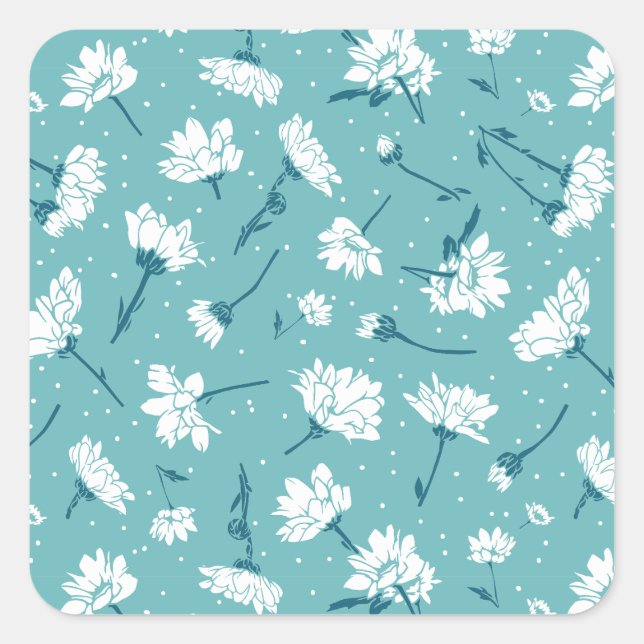 Sticker Carré Élégant motif floral - Botanique Turquoise et blan (Devant)