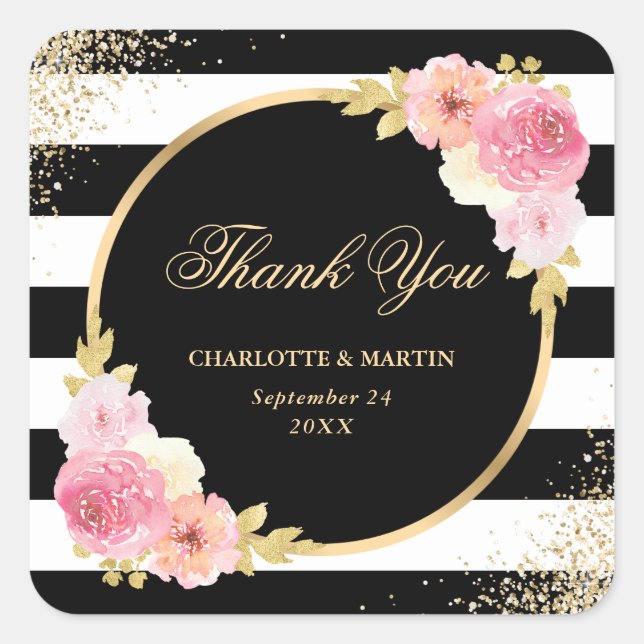 Sticker Carré Élégant noir or rose Mariage Merci rose (Devant)