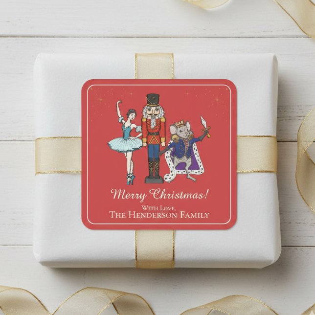 Sticker Carré  Elegant Nutcracker Merry Christmas (Festive Red Nutcracker Ballet Merry Christmas Sticker. Elegant Script. Cute Nutcracker & Ballerina)