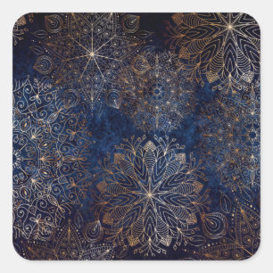 Sticker Carré Elégant or et bleu foncé Motif de mandala