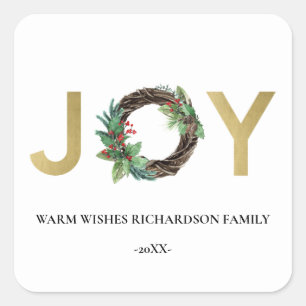 STICKER CARRÉ ELÉGANT OR RED HOLLY BERRY JOY WREATH NOËL