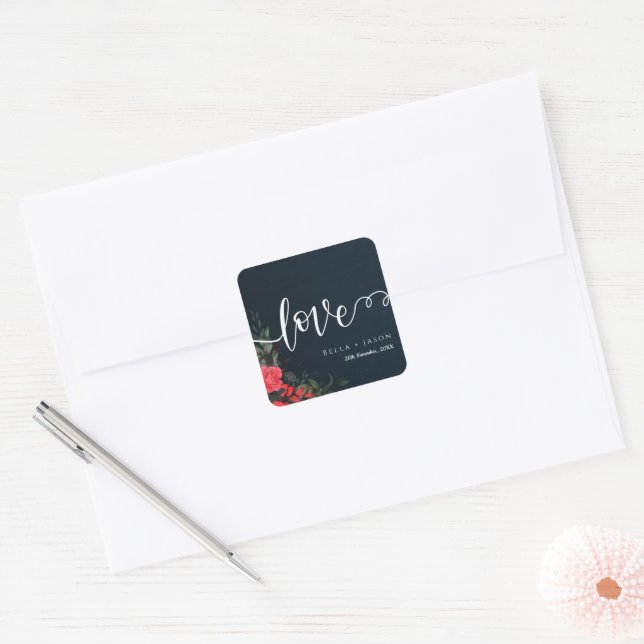 Sticker Carré Élégant Peach Grey Floral Script Amour Mariage (Enveloppe)
