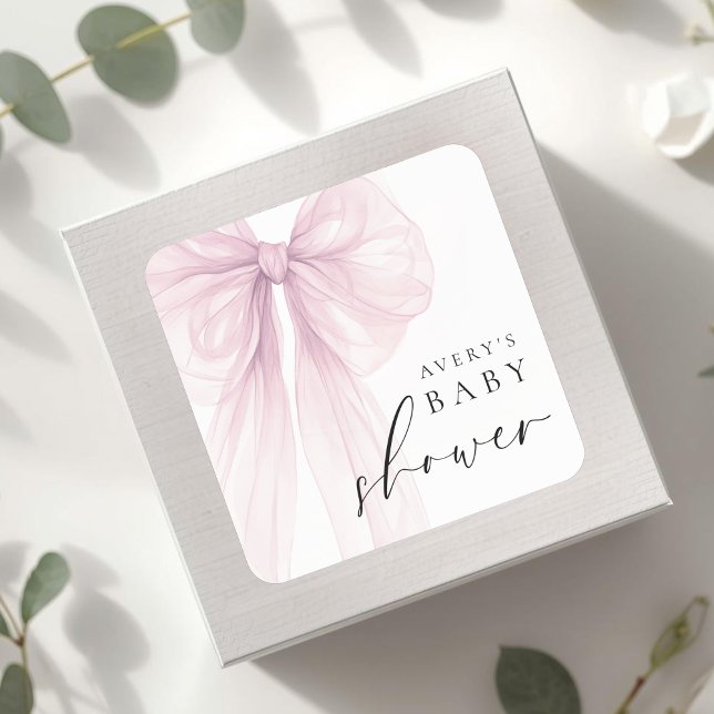 Sticker Carré Elegant Pink Bow Baby Shower (Créateur téléchargé)