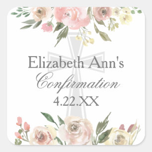Sticker Carré Élégant Pink Floral Confirmation Party Personnalis