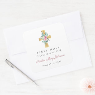 Sticker Carré Elegant Pink Floral Peonies Cross First Communion
