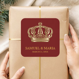 Sticker Carré Elégant Red Gold Ornate Crown Wedding Favor