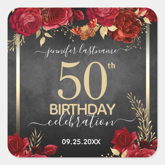 Sticker Carré Elégant Red Roses 50e anniversaire (Devant)
