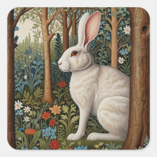 Sticker Carré Elégant retro boho blanc lapin boisé fleurs