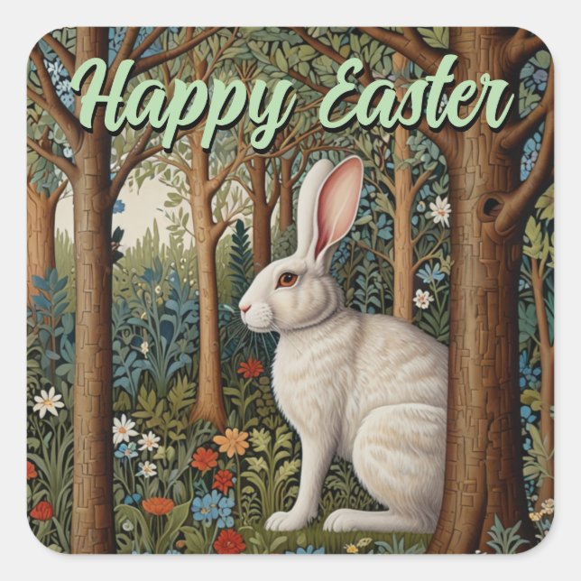 Sticker Carré Elégant retro boho blanc lapin boisé Pâques (Devant)